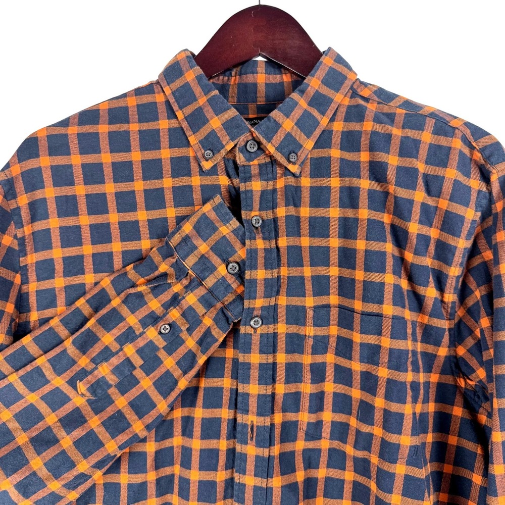 Banana Republic‎ Mens XL Luxe Flannel Shirt Navy Orange Check Untucked Slim Fit